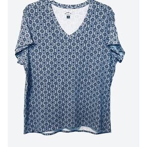 BLUE MOUNTAIN SHORT SLV PULL-OVER V-NECK TOP, WOMENS, 2X, BLUE GEOMETRIC PATTERN